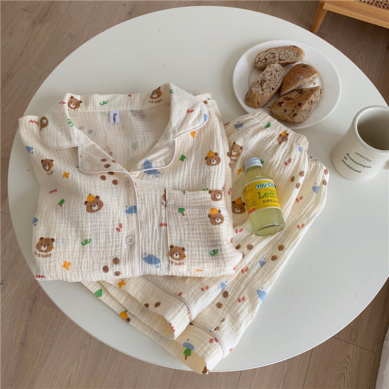 Pure Cotton Bear Head Loungewear Short Sleeve Cardigan Set