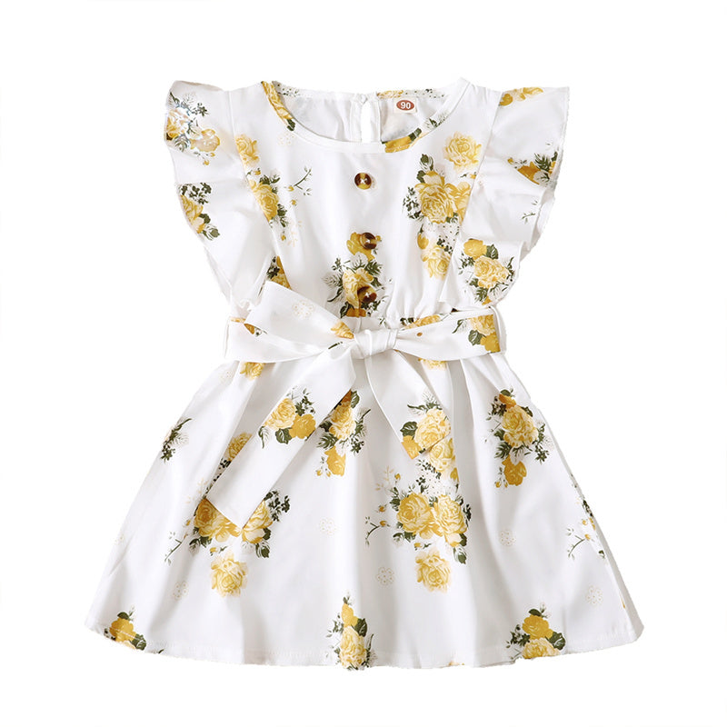 Small And Medium-sized Children's Small Flying Sleeves Ruffled Print Floral Belt Dress