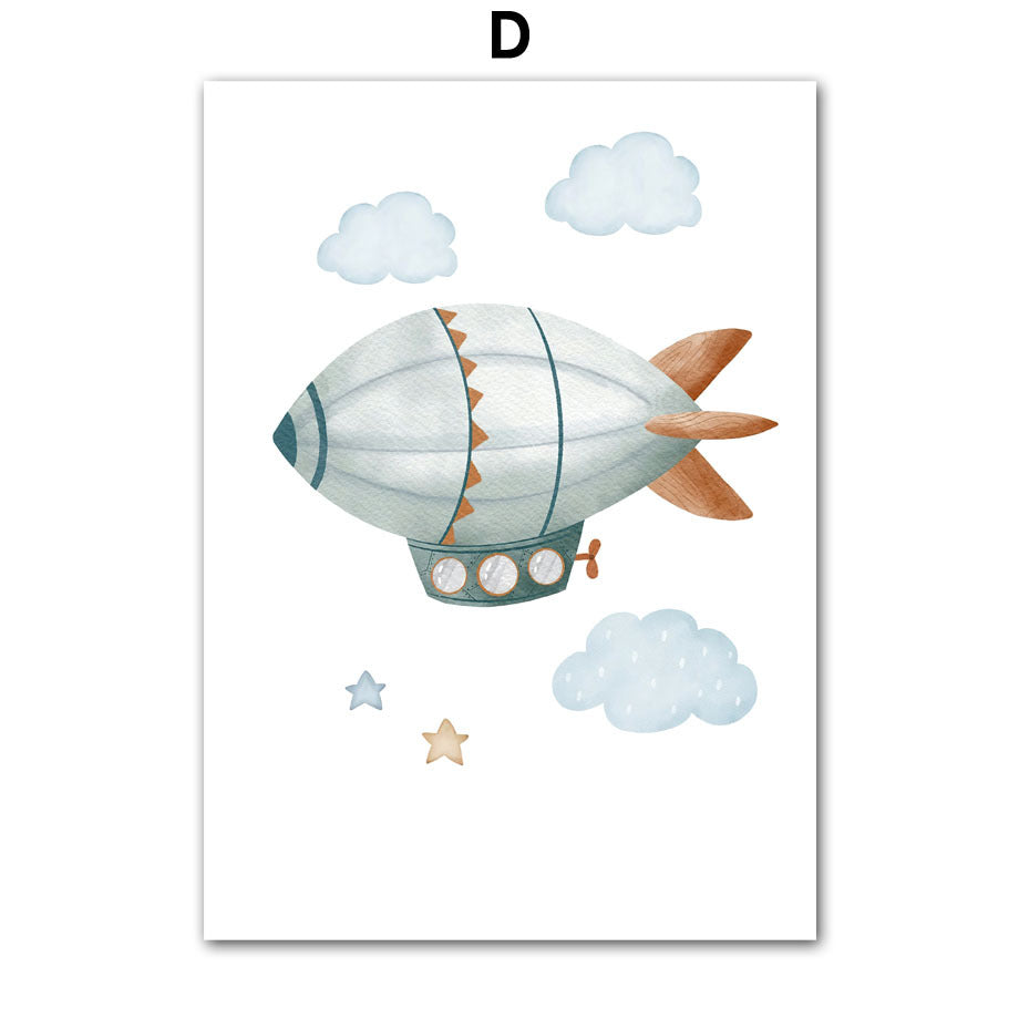 Children’s Room Wall Art – Cartoon Aircraft, Spaceship & Mountain Canvas Print