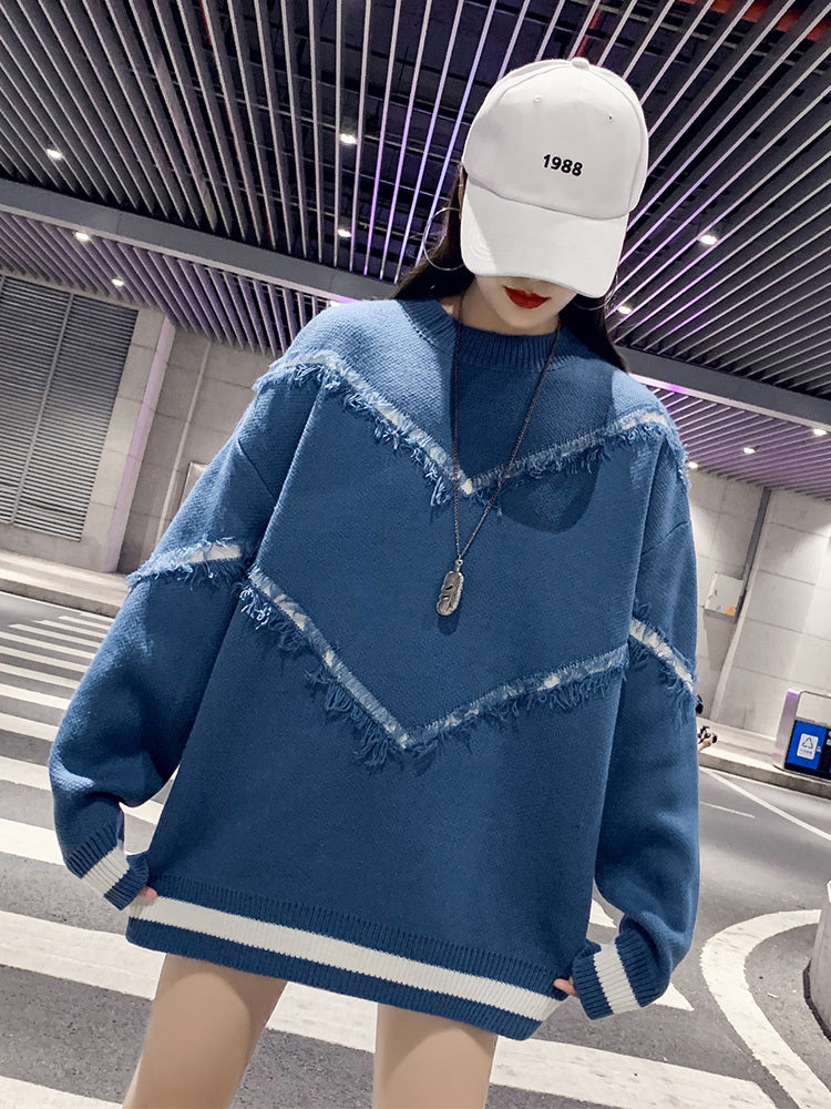 Fringed Stitching Sweater Women Round Neck Pullover