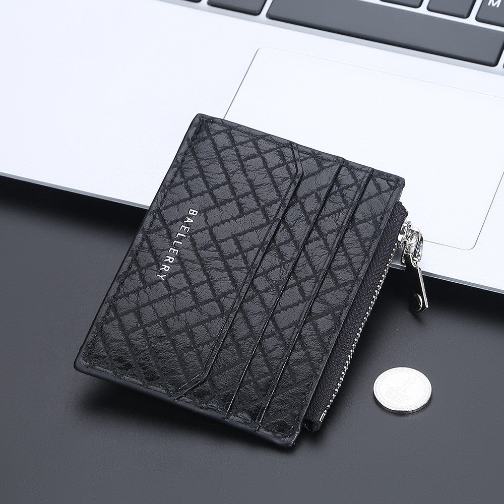 Men's Slim PU Leather Plaid Card Bag With Zipper Clip
