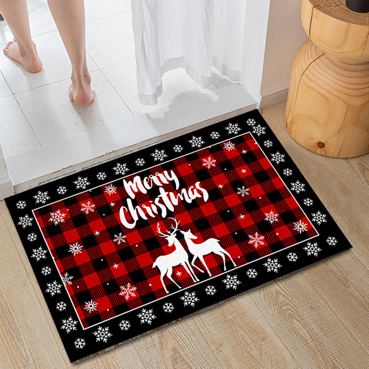 Christmas Non-slip Door Mat Black And Red Plaid Decorative Carpet
