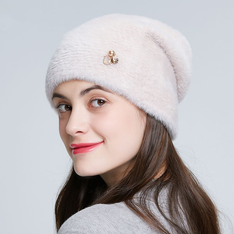Imitation Mink Knit Wool Hat Women Rhinestone Fashion
