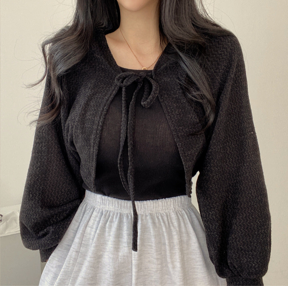 Retro Design Lace-up Lantern Sleeve Short Thin Cardigan Jacket Women