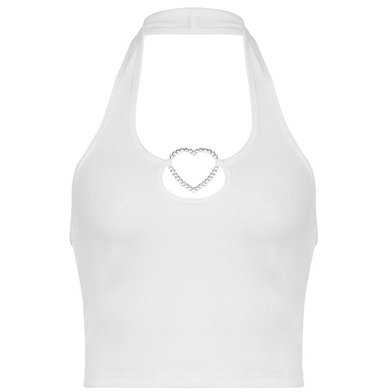 Love Hollow Out U Collar Plain Color Short Crop Slim Waist Hanging Vest