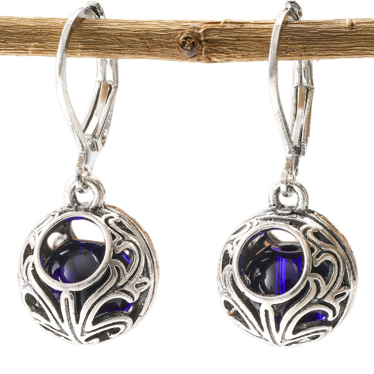 Vintage Engraving Hollow Blue Gemstone Pendant Earrings