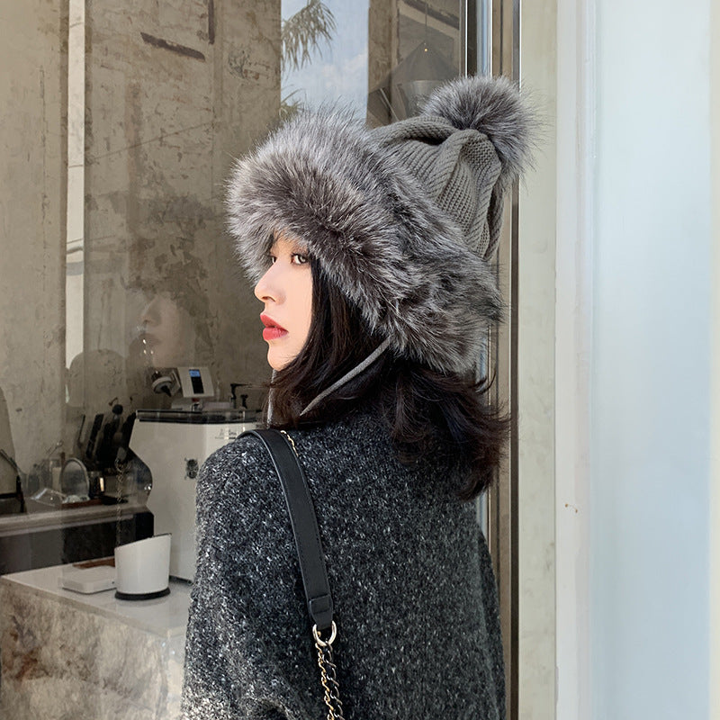 All-match Cute Woolen Knitted Ear Caps Plus Velvet Thick Winter