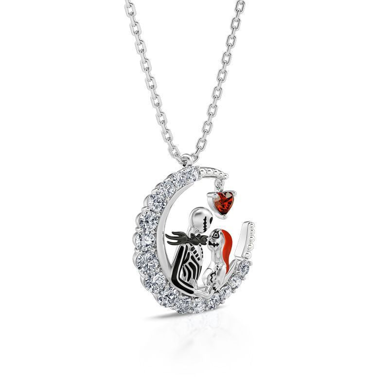 Halloween Moon-Shaped Skull Necklace – Rhinestone Couple Clavicle Pendant Jewelry for Men and Women