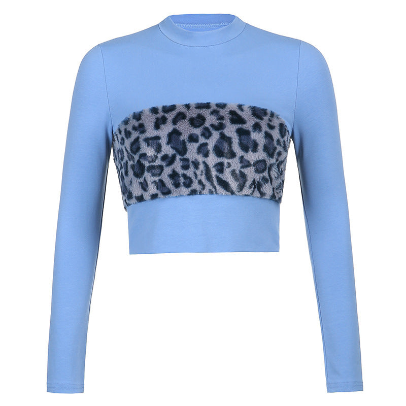 Round Neck Hair Leopard Print Mosaic Slim Slim Long Sleeve T-shirt Blouse Women