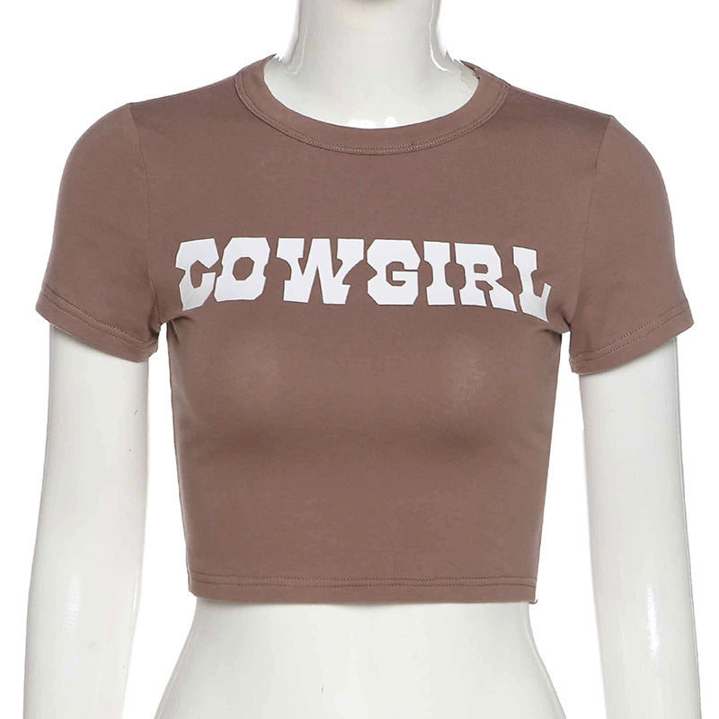 Round Neck Short Sleeve Letter Print Crop Navel Slim T Shirt