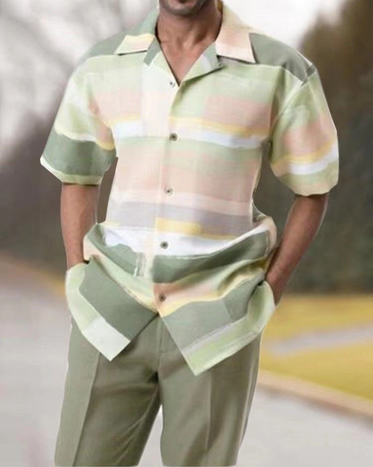 Plus Size Men's Short Sleeve Lapel Shirt Casual Pants Set