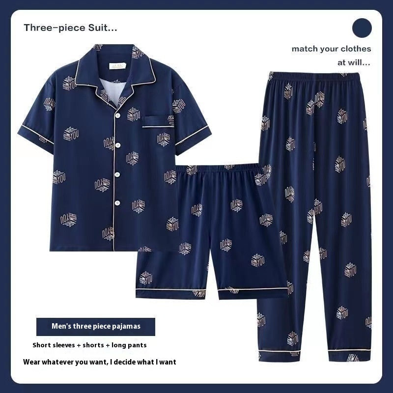 Three-piece Pajamas Men's Summer Pure Cotton Short Sleeve Trousers Suit