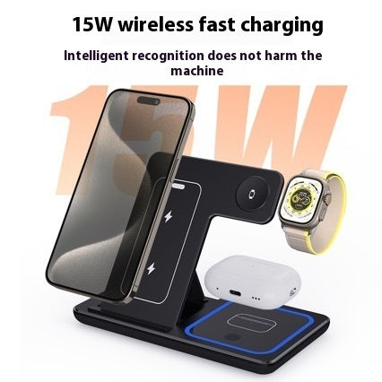 15W 3-in-1 Foldable Wireless Charger Stand, Fast Qi for iPhone 15–11, Apple Watch Series 9–5 & AirPods Pro with LED