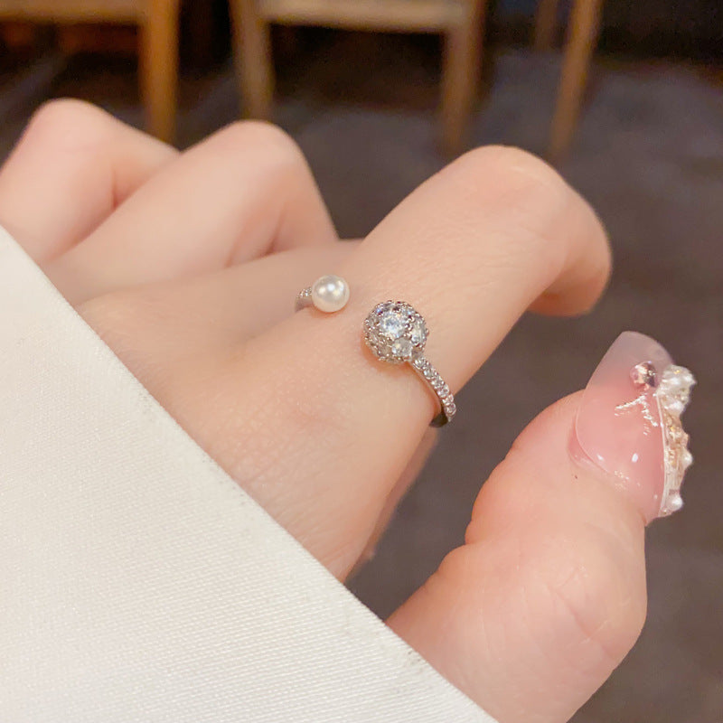 Women's Open-End Pearl Ring with Zircon, Gold Plated Copper