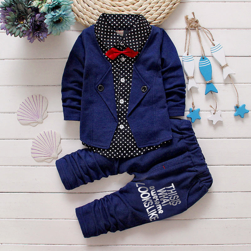 Kids Bow Tie Sweater Set With Fleece Trousers Slim Fit