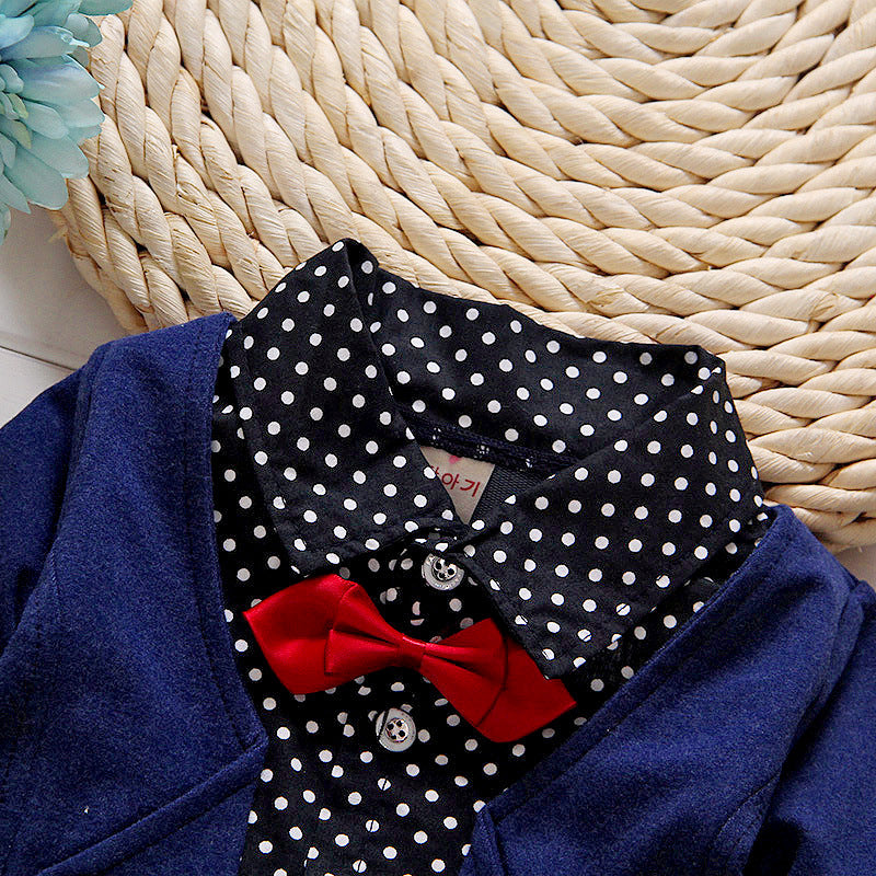 Kids Bow Tie Sweater Set With Fleece Trousers Slim Fit