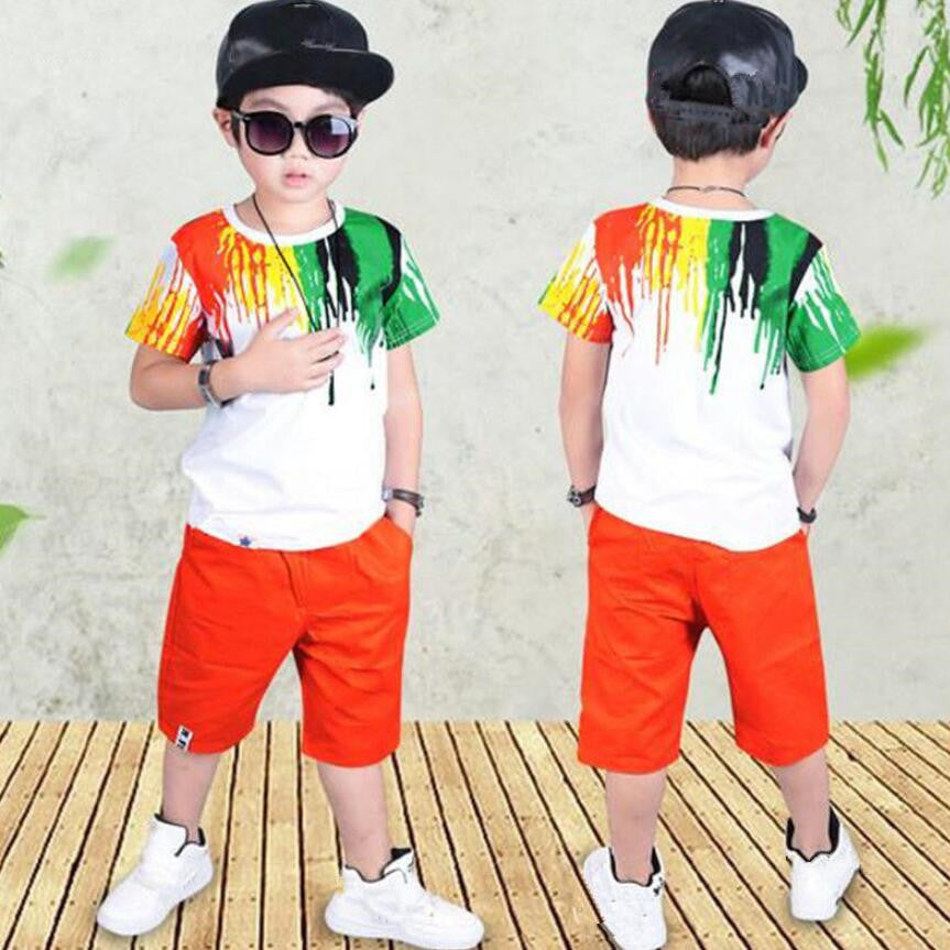 Korean Style Unisex Kids Short Sleeve Cotton Pantsuit Slim