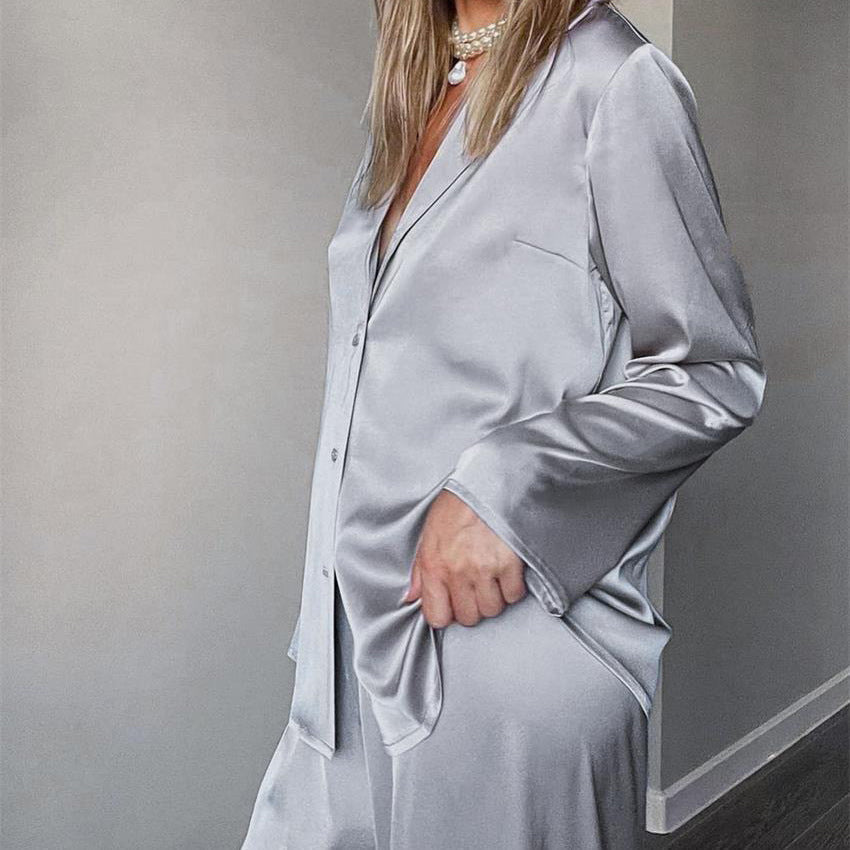 Women's Loose Silky Polyester Homewear Set with Suit Collar