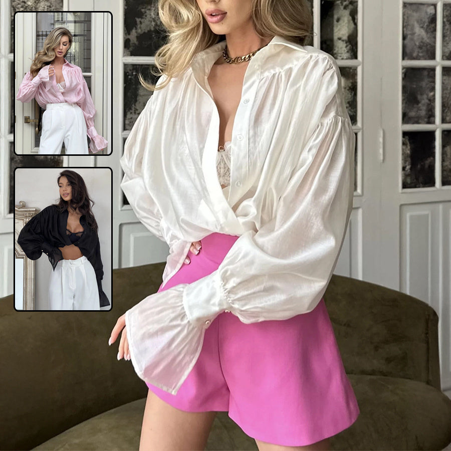 Pink Lantern Sleeve Shirt Polyester Loose Women