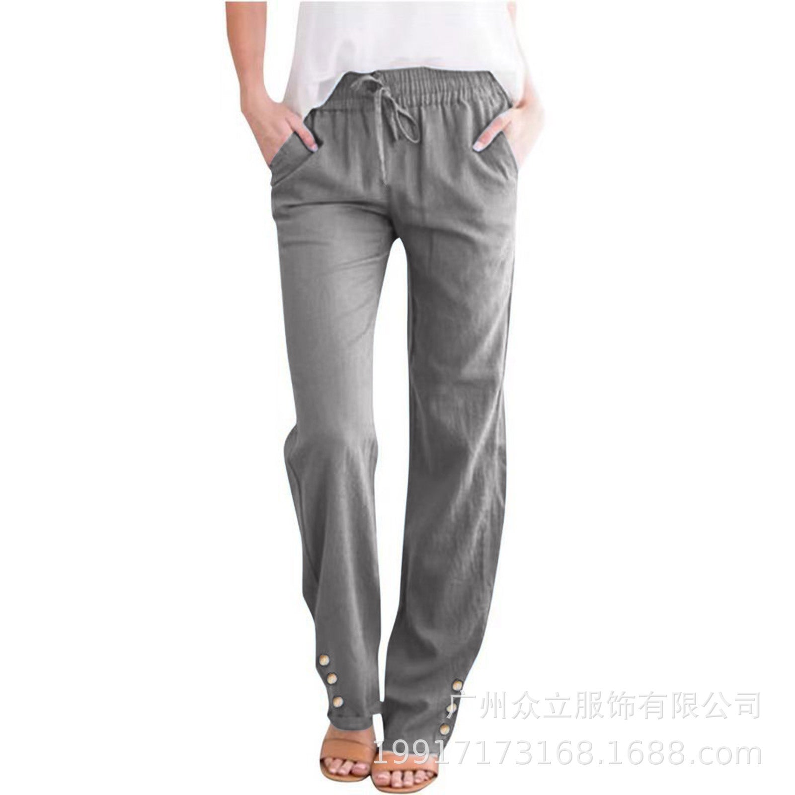 Women’s Cotton-Linen Casual Straight-Leg Pants with Straps