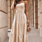 Oatmeal Crossover Backless Bodice Tiered Maxi Dress