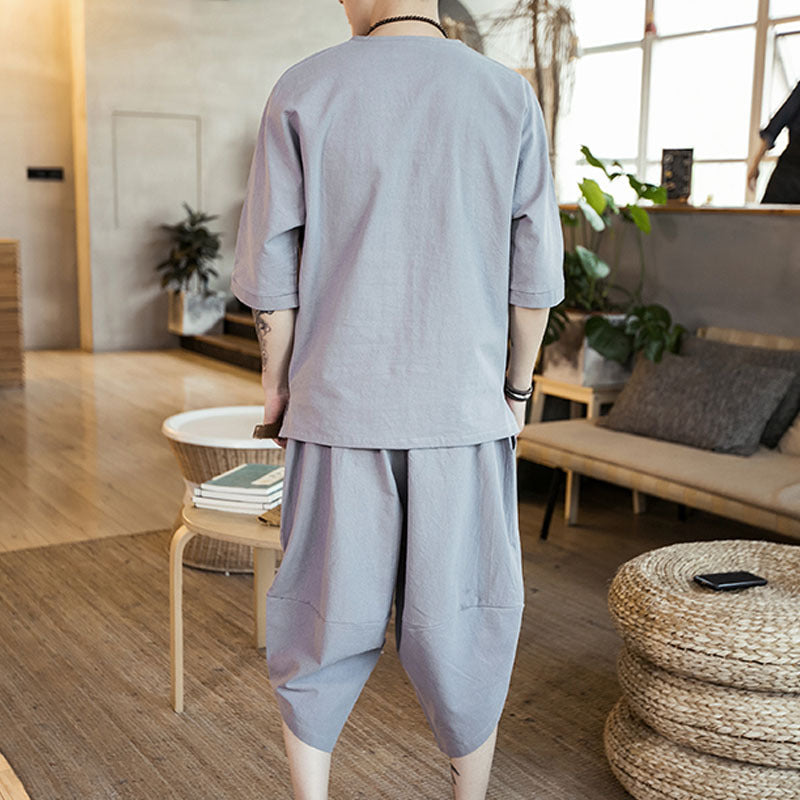 Loose Disc Button V-neck Short-sleeved Bloomers Suit