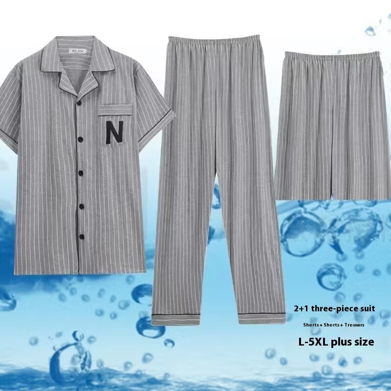 Three-piece Pajamas Men's Summer Pure Cotton Short Sleeve Trousers Suit