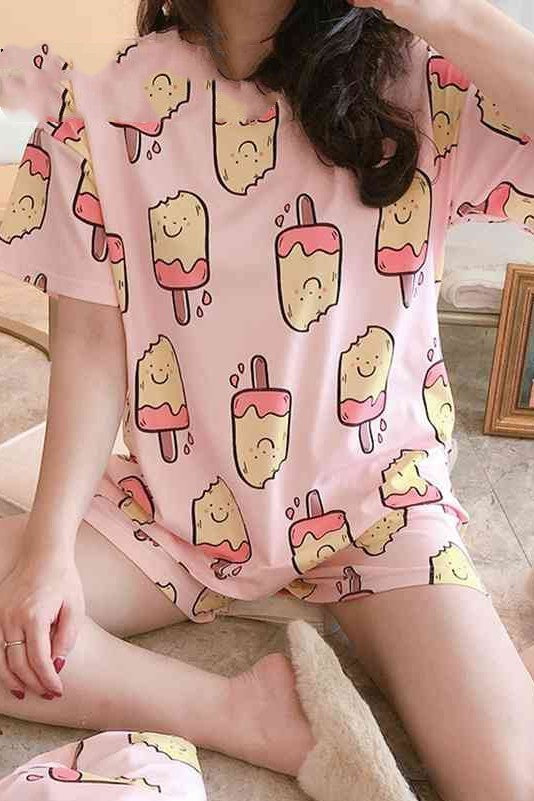 Women's Short Sleeve Cotton Sleepwear Relaxed Bear Pattern