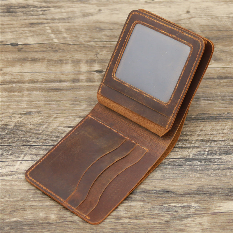 Mens Retro Crazy Horse Leather Tri Fold Wallet Cowhide