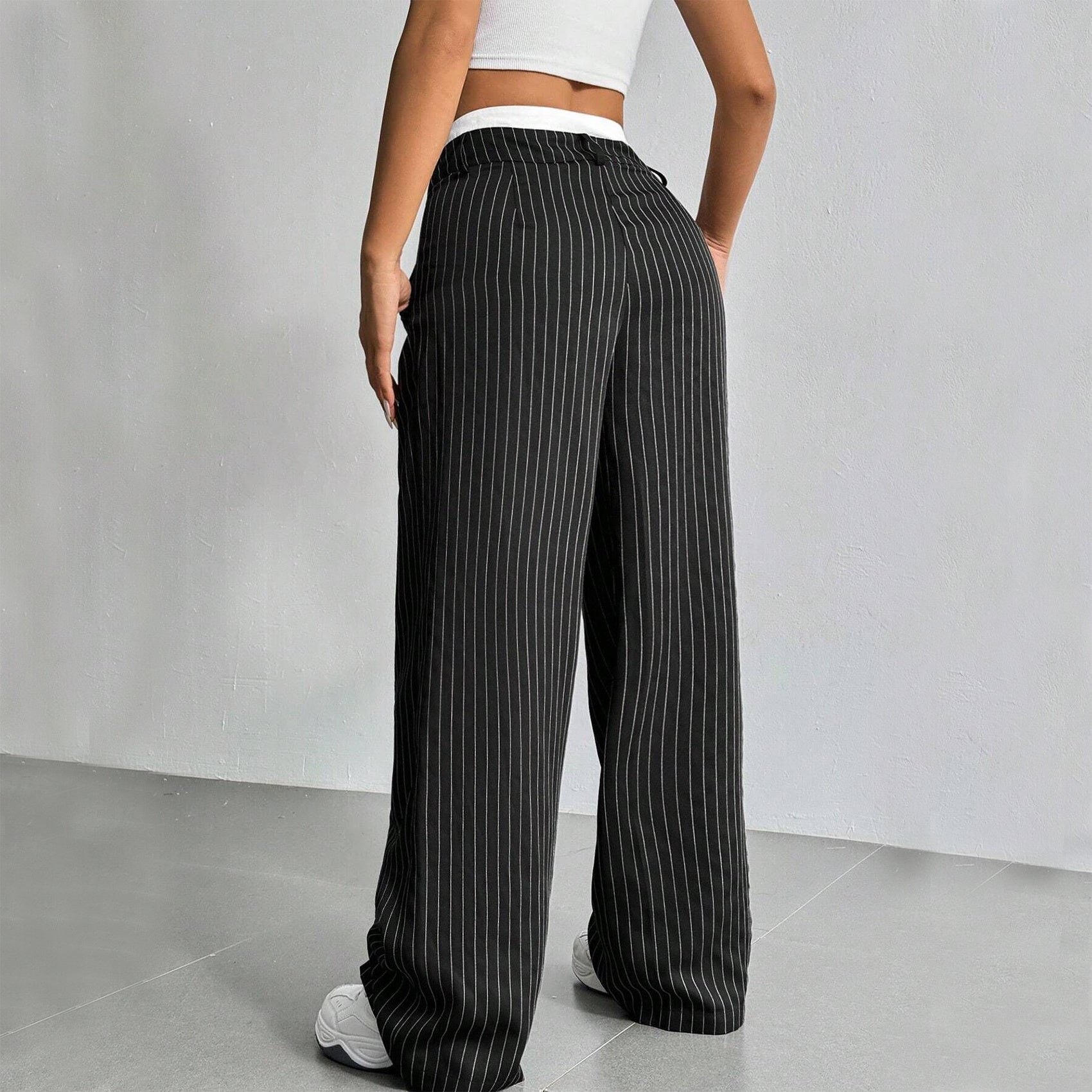 Women’s Striped Suit Pants – High-Waist Straight-Leg Trousers with Pockets & Zipper