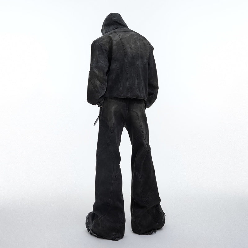 Distressed Padded Shoulder Hooded Denim Jacket Suit Metal Embellished Jeans