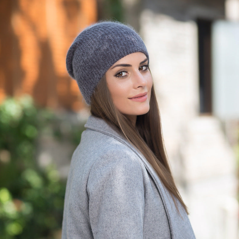 Soft Grey Long Rabbit Fur Pullover Korean Knitted Hat