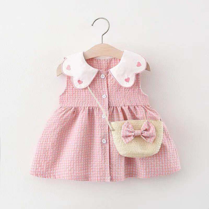 Girls' Summer Plaid Love-shape Print Dress