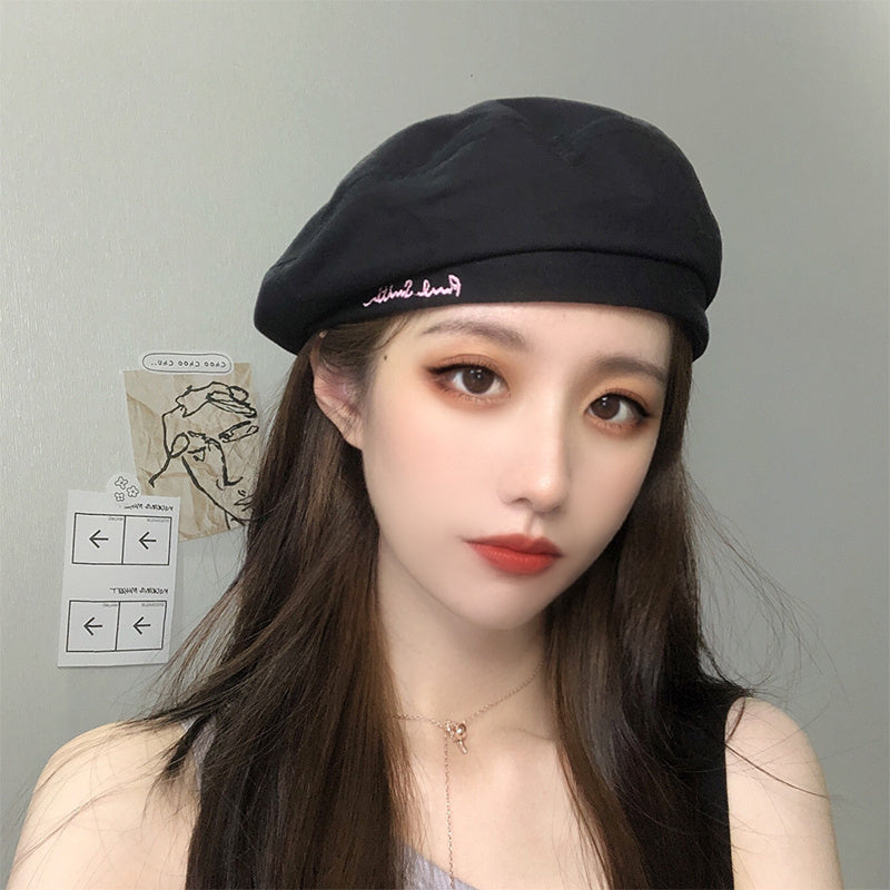 Japanese Black Letter Embroidery Beret Female Autumn and Winter British Retro