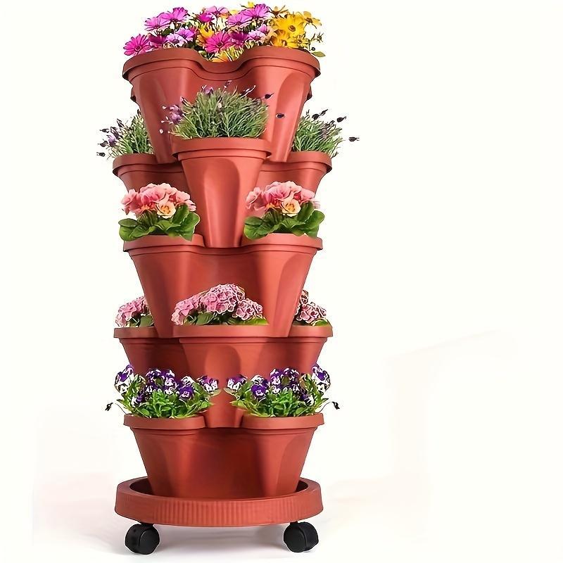 16 Pieces 5-Layer Stackable Flower Pots Vertical Garden Flowers Herbs Strawberry Vegetables Durable Plastic With Mobile Wheels Indoor And Outdoor Flower Pots