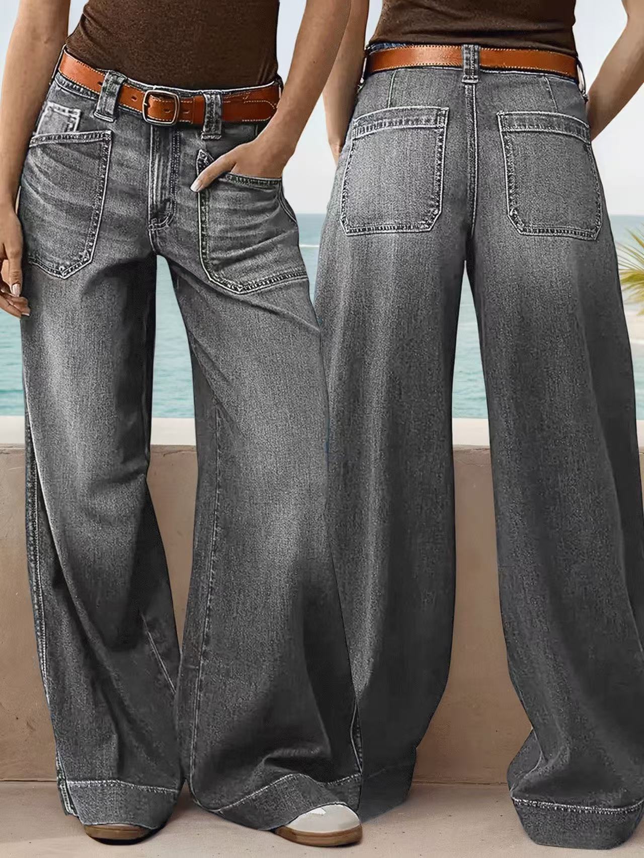 Unisex Wide-Leg Flared Denim Jeans – Mid-Waist Streetwear Hip Hop Style