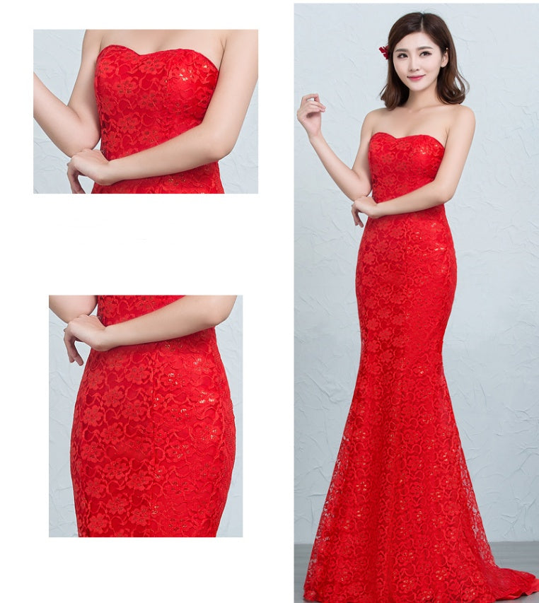 Sequined Lace Waist Fishtail Wedding Dress with Tube Top and Strap Back