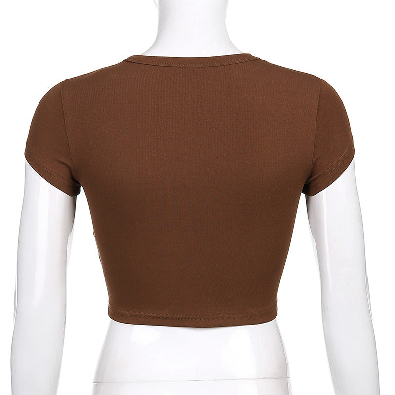 Vintage Brown Letter Print Bottoming Casual Crop Top