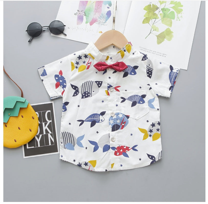 Toddler Boys Gentleman Outfit Set – Short Sleeve Cartoon Bow Tie Shirt with Solid Shorts (Infant Kids Fashion Set)