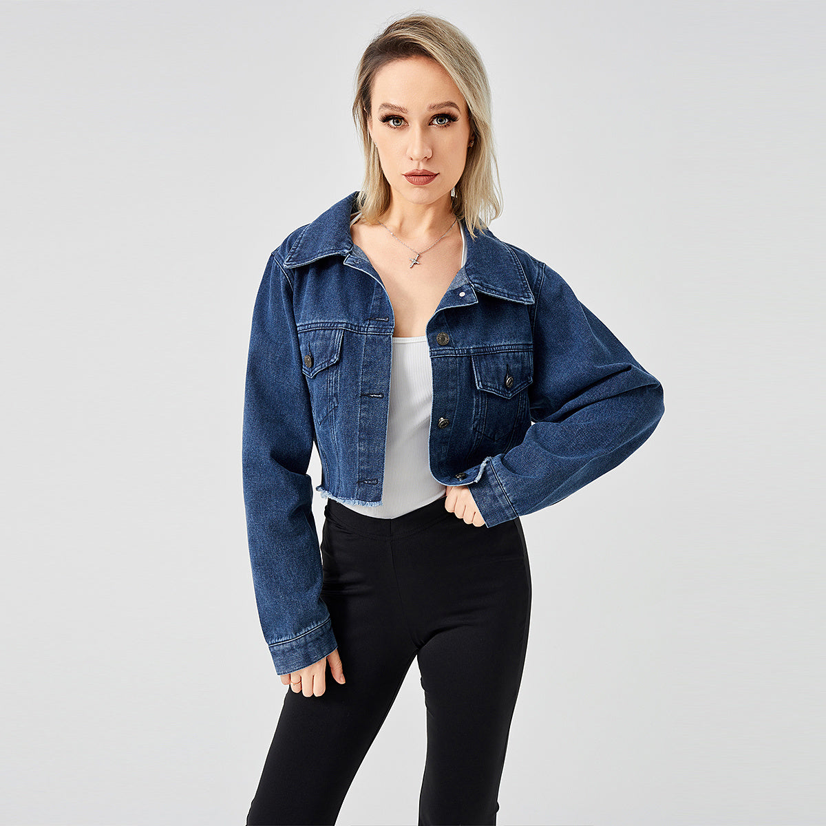 Unisex Raw Edge Relaxed Denim Jacket with Retro Style