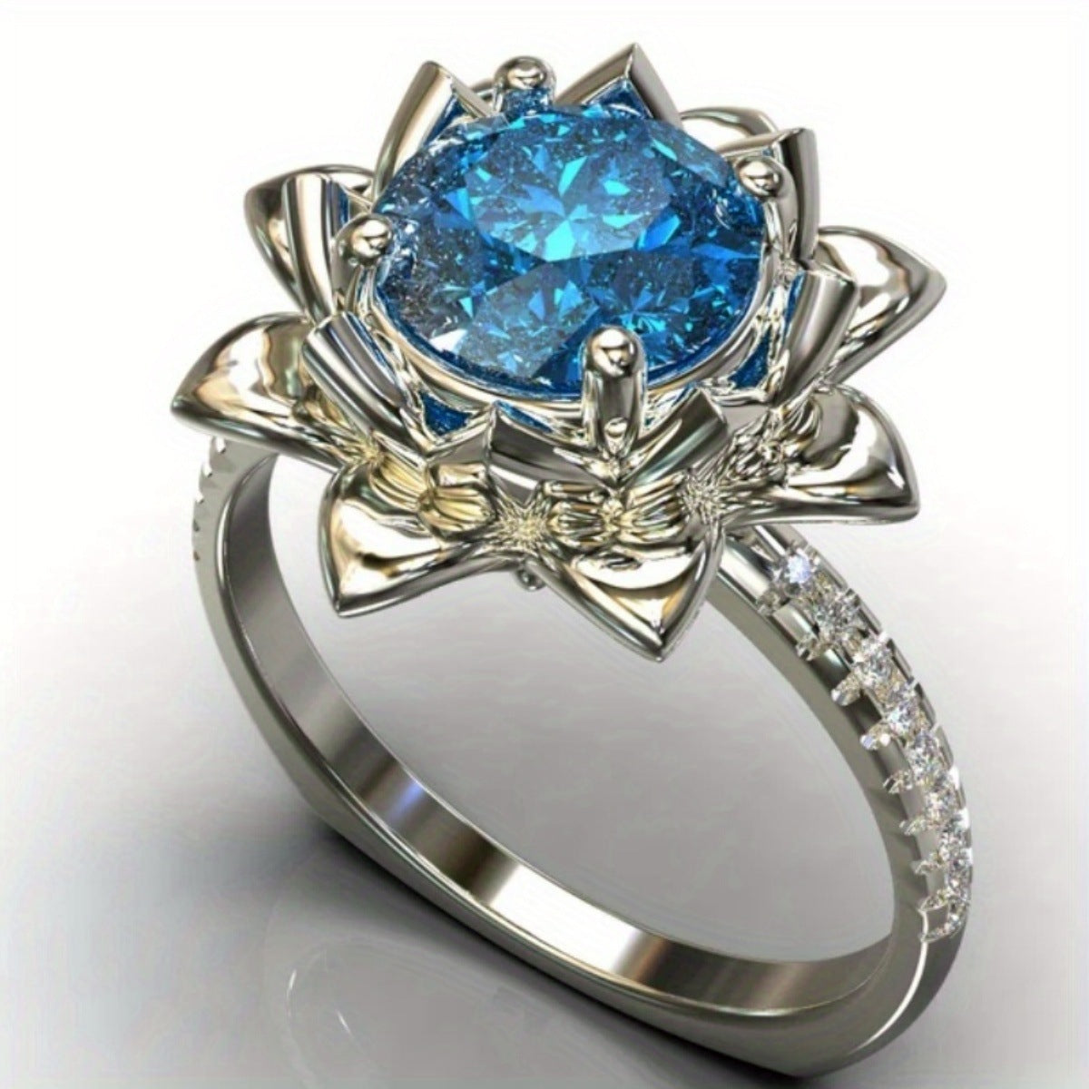 Elegant Silver Electroplated Copper Lotus-Shaped Engagement and Wedding Ring for Women