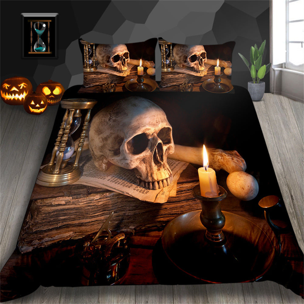 3D Printed Skull Pattern Three-Piece Chemical Fiber Bedding Set