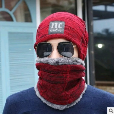 Winter Knitted Hat with Crossed Scarf Neck Warmer