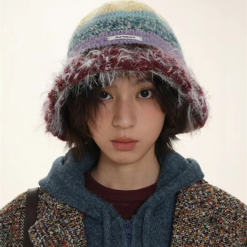Niche Retro Contrast Color Stripes Hand Crocheting Woolen Cap