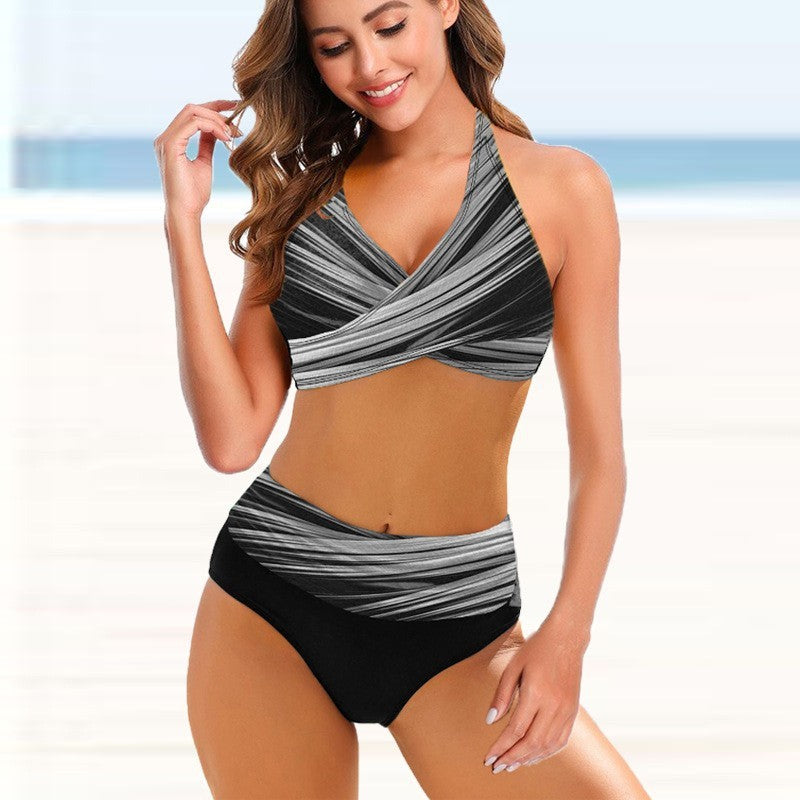 Striped High-Waist Backless Sexy Bikini Set – Plus Sizes