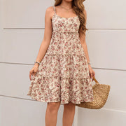 Women Floral Pleated Lace Up Dress