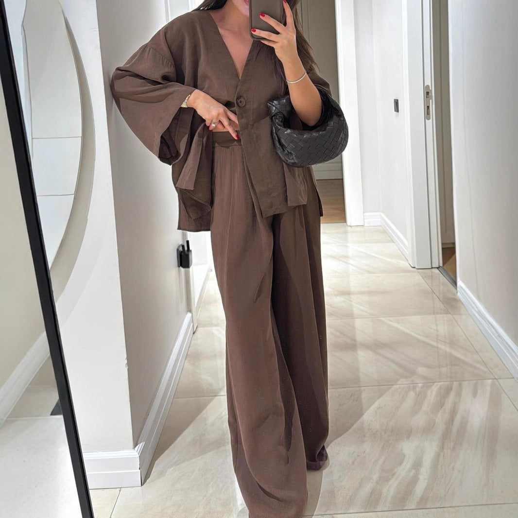 Women's Solid Color Casual Fashion Cardigan Top And Trousers