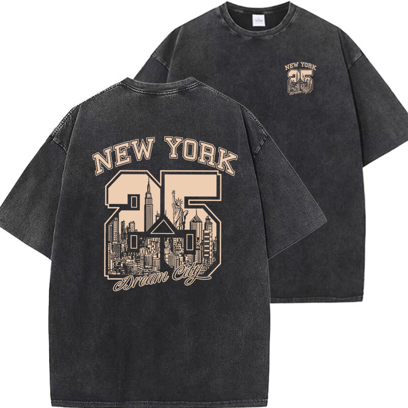 Unisex Relaxed Washed Vintage Print Short Sleeve Cotton Tee
