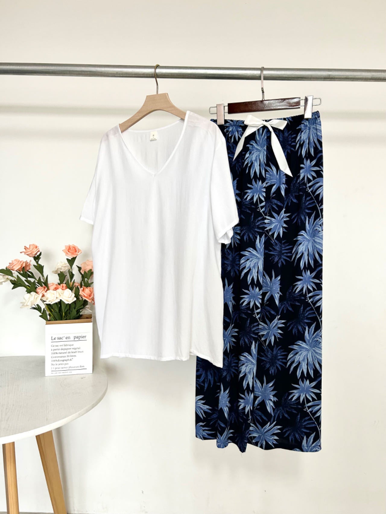 Summer Artificial Cotton Thin Short Sleeve Pants Loungewear Suit