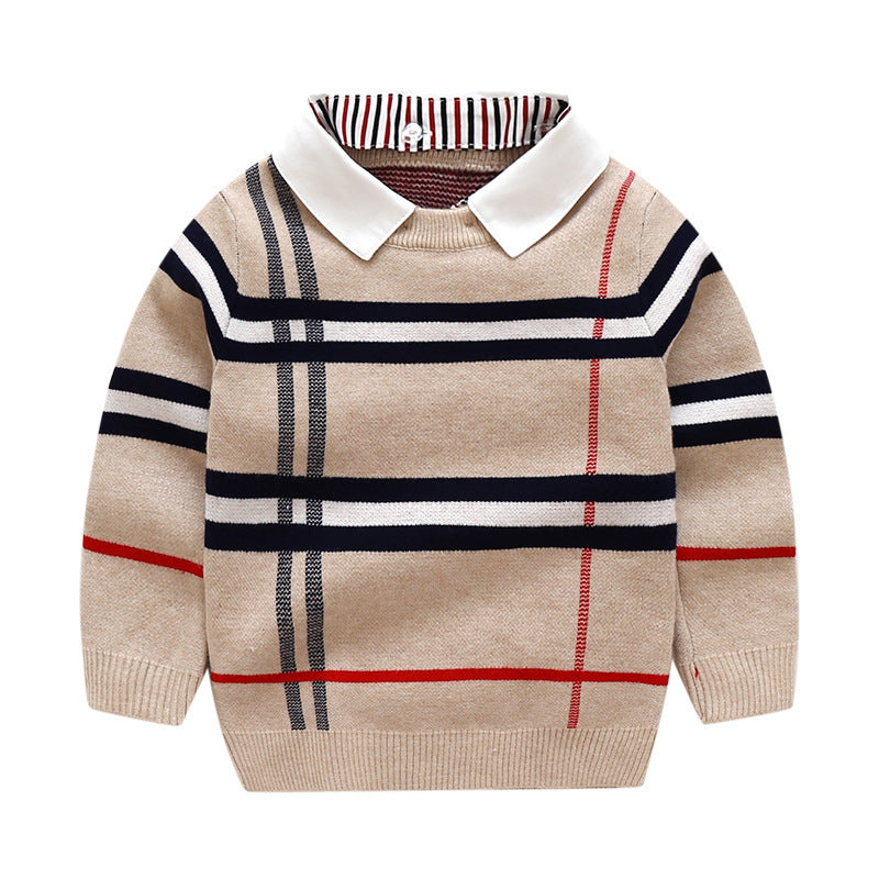 Kids Plaid Jacquard Wool Knit Pullover Regular Fit Warm